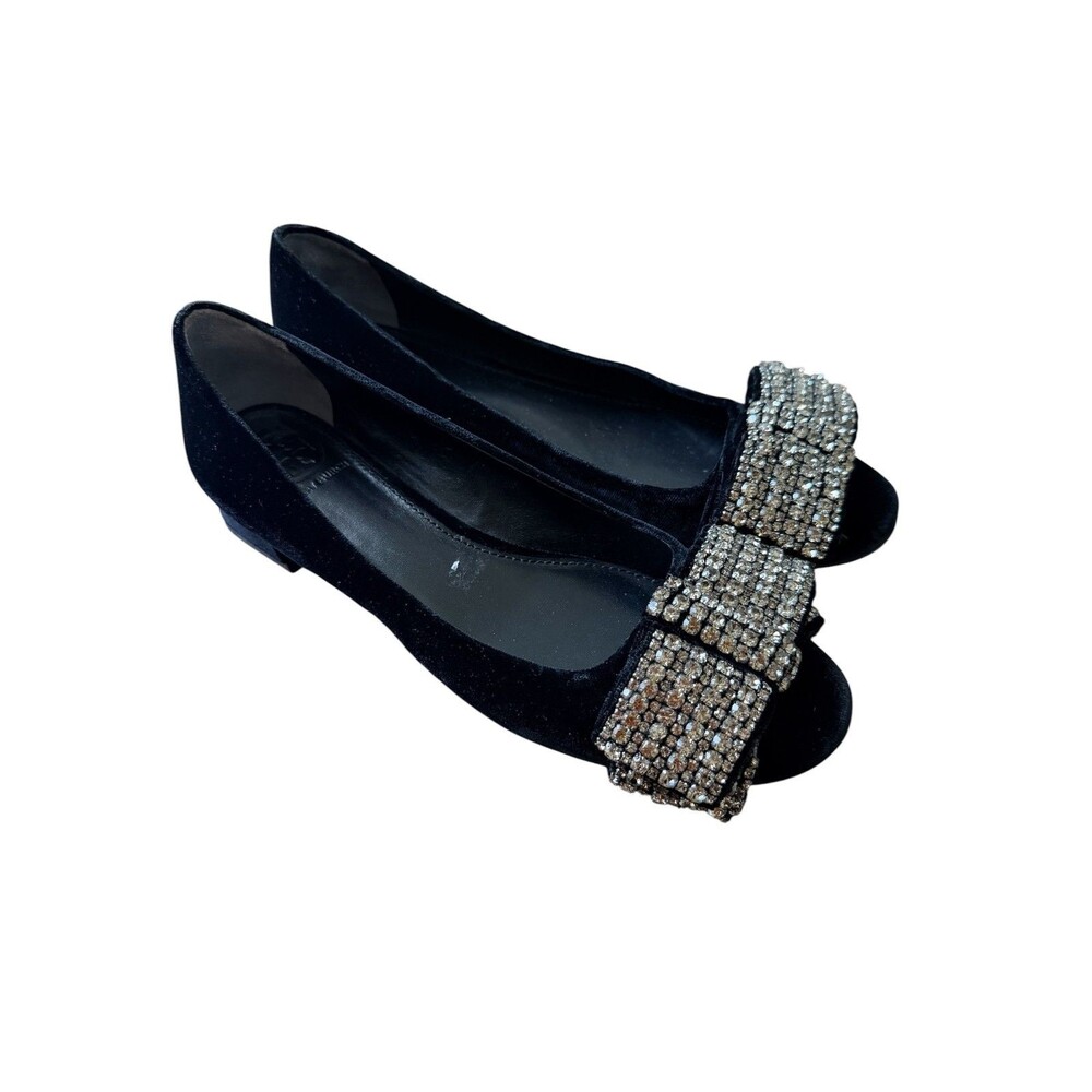 Tory Burch Black Velvet Peep Toe Crystal Bow Flats - Leather Sole - Size 6M